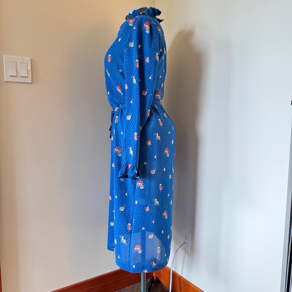 Vintage Tall Girl Prairie Midi Dress Blue Floral Ruffle Collar Size 12 Tall - Picture 2 of 16